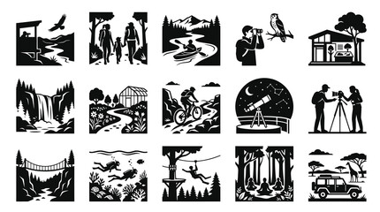 Obraz premium Monochromatic Silhouette Vector Icons for Outdoor Adventure, Nature, Travel and Recreation Activities