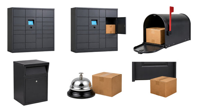 Set of black parcel and package lockers, an open locker and mailbox with cardboard boxes and a service bell, illustrating delivery, pickup and secure parcel handling