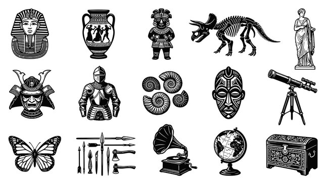 Vintage History Icons: Black  White Line Art of Artifacts and Symbols
