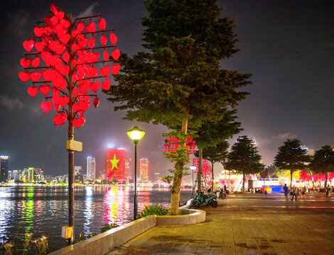 Night scene of the Han Riverside walking area,Da Nang,Vietnam.