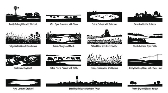 Agriculture and Rural Prairie Landscape Silhouettes Glyph Set for Midwestern Farm Life and Nature