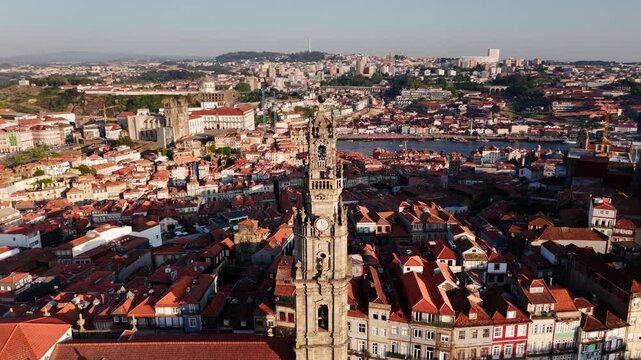Aerial Shot of Torre dos Clerigos at sunset in, Porto, Portugal