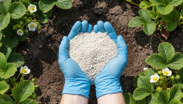 Gardener's hands in blue gloves holding granular fertilizer over blooming strawberry plants