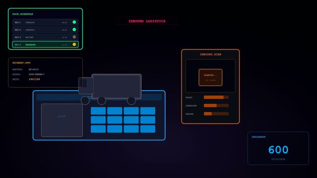 A digital display showcasing dark store automation process where shipping trucks arrive at loading docks for systematic cargo unloading procedures in a virtual logistics environment