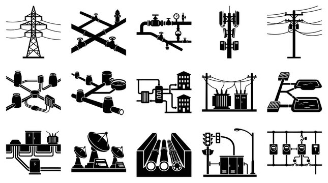 Black and White Icons of Electrical Grid, Power Lines, and Utility Infrastructure
