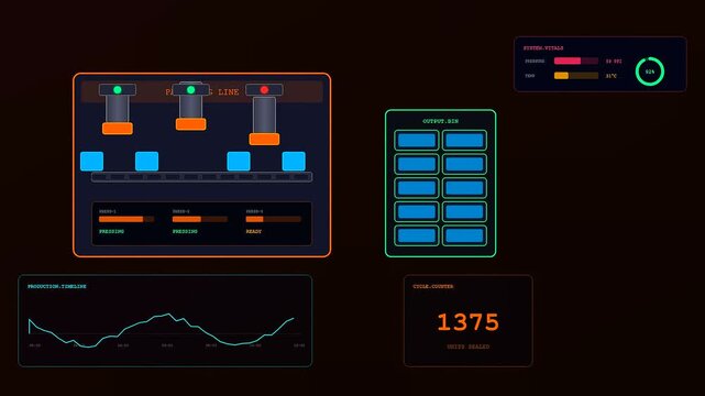 Dark store automation screen displays show digital manufacturing processes with glowing interface metrics and animated production flow counters against a deep black computer screen monitor backdrop