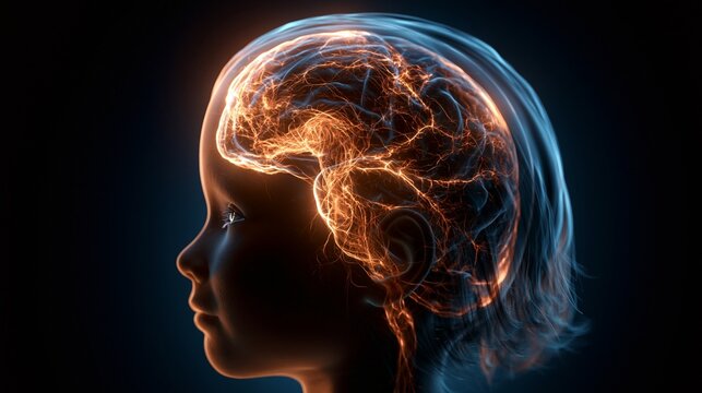 A child's developing brain glows with branching circuits inside a translucent head silhouette, dark studio background, thoughtful and hopeful mood, gentle blue and amber light, close-up composition.