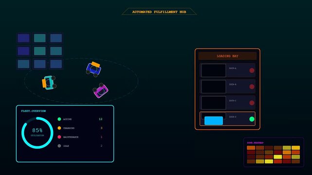 A sophisticated dark store automation system interface displays multiple robot vehicles moving through a digital logistics hub with live data monitoring and operational statistics shown onscreen