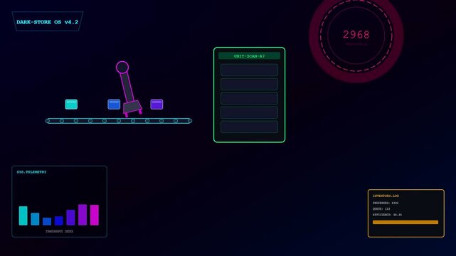 An animated digital interface showcasing dark store automation in action as items move along a conveyor belt while monitored by futuristic system telemetry graphs