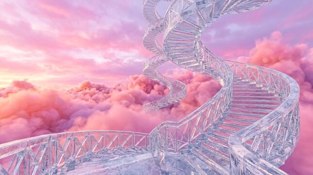 Surreal crystal staircase winding through pink clouds at sunset sky, dreamlike fantasy pathway