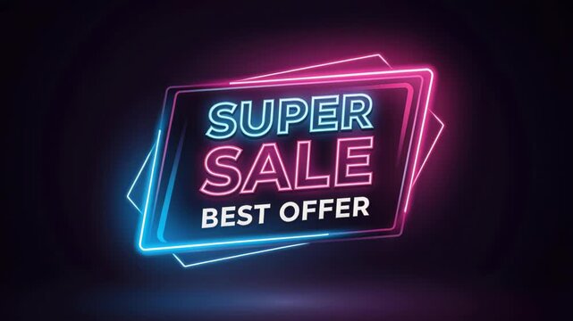 Neon Glow Super Sale: Vibrant neon sign displays Super Sale Best Offer in illuminated text, creating a dynamic and attractive visual for a promotional event.
