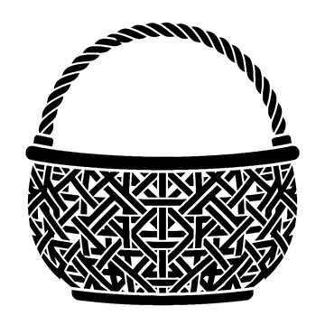 Black and white vector illustration of a woven wicker basket with a handle isolated on a white background for graphic design and icon usage