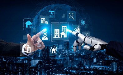 Fototapeta na wymiar Human and Robot Collaboration in Real Estate Technology with Futuristic Digital Media Elements and Cityscape Background. Entropy.