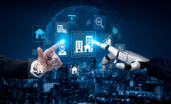 Human and Robot Collaboration in Real Estate Technology with Futuristic Digital Media Elements and Cityscape Background. Entropy.