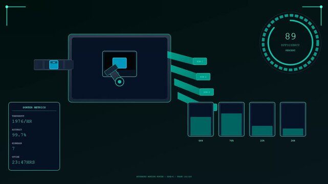 An interactive telemetry dashboard displays live dark store automation metrics as robotic sorting arms organize digital inventory and optimize system throughput efficiency.