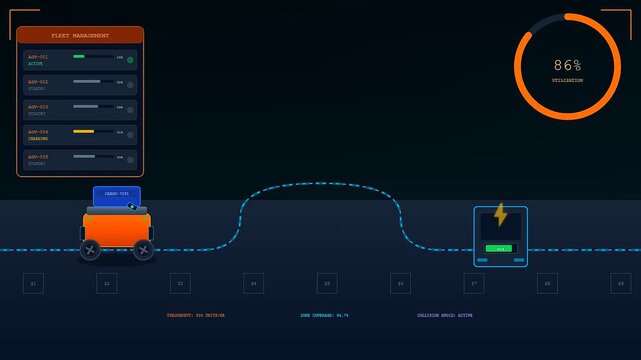 An automated guided vehicle moves efficiently using dark store automation to reach a charging station while digital fleet management stats update in real time.