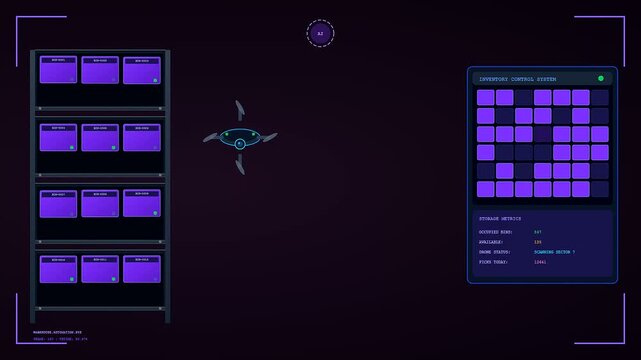 In this conceptual warehouse visualization, dark store automation operates seamlessly as an intelligent aerial drone scans futuristic shelves to update a live digital inventory dashboard.