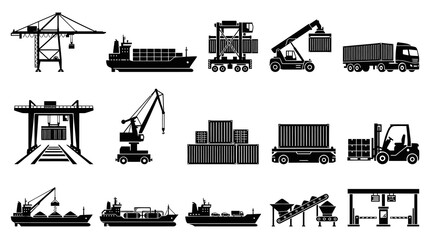Obraz premium Black and White Shipping and Logistics Icons: Cranes, Ships, Trucks, and Forklifts