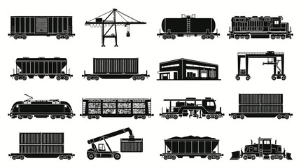 Obraz premium Industrial Railroad Freight Logistics Glyph Icons Set: Trains, Cargo, Cranes, and Transport Equipment Silhouettes