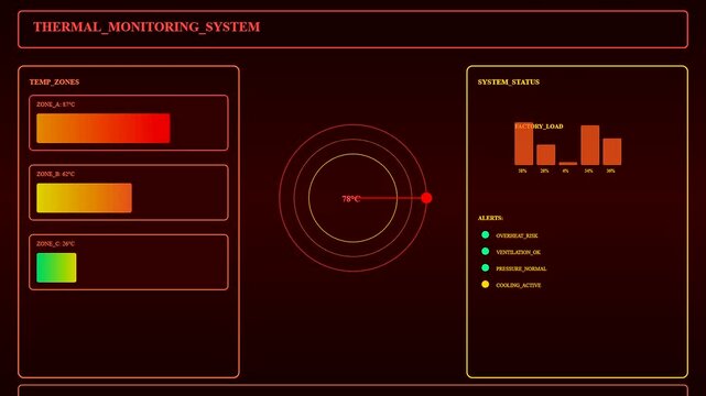 High tech telemetry screens displaying dark store automation systems monitor critical factory thermal zones as sensor readings fluctuate during a cooling cycle.
