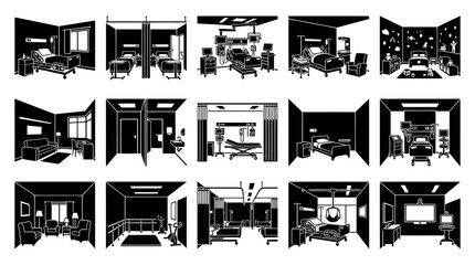 Obraz premium Black and White Glyph Set of Medical Hospital Rooms and Healthcare Facility Interiors Icons