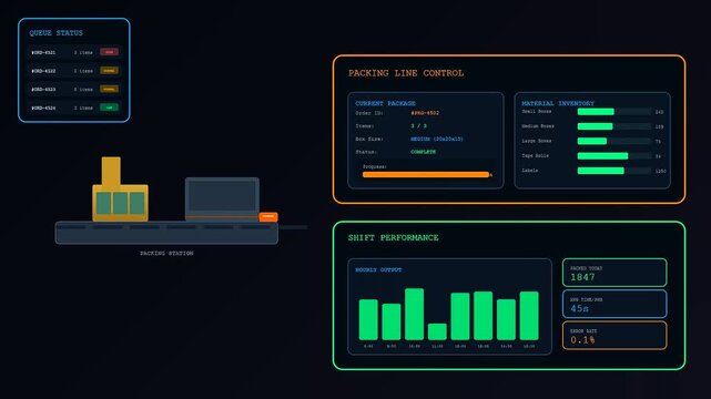 A digital dark store automation interface displays real time inventory logistics monitoring with moving packages on a conveyor belt within a sleek modern industrial control dashboard