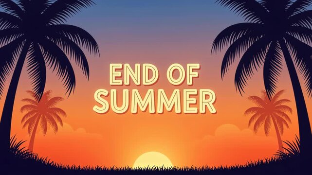 End of Summer Sunset: Palm trees frame a vibrant sunset over the ocean, with the words END OF SUMMER displayed prominently, evoking a sense of nostalgia and the passing of time.