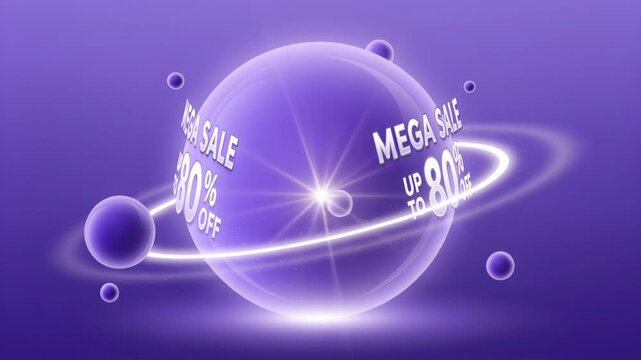 Mega Sale Orb Graphic: A vibrant purple orb with glowing rings and smaller spheres, adorned with text advertising Mega Sale and Up to 80% Off, symbolizing a significant discount event.