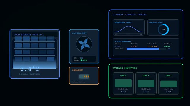 Digital displays showing dark store automation with shifting climate readings and fluctuating storage unit numbers on a virtual interface screen during a system cycle test