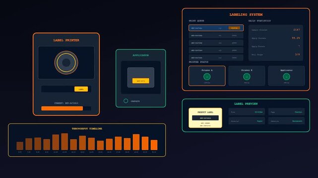 Industrial dark store automation monitoring panels display live inventory metrics and printer status updates while showing real time throughput charts on a screen for logistics management operations