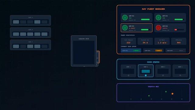 A sequence showing dark store automation with shifting fleet status panels and animated logistics workflow tracking movement on a digital interface across three separate window stages