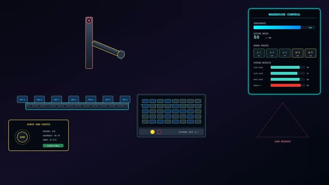 Dark store automation systems monitoring logistics progress with robotic arms and digital status boards inside a minimalist computer interface featuring glowing neon cyan and dark blue screens