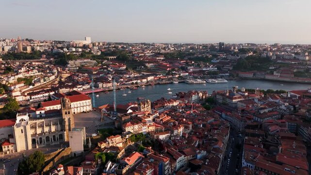 Aerial View of Douro River at sunset. Porto, Portugal