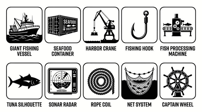 Commercial Fishing Industry and Seafood Production Square Icons Vector Set