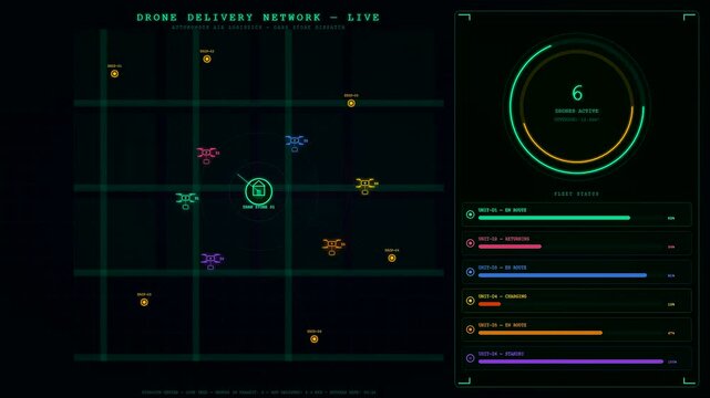 Digital displays showing dark store automation with animated drone fleet tracking maps in a modern logistics command center with glowing green interface elements for urban delivery