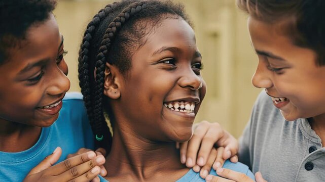 Childhood Friendship Bliss: Three young children share a moment of pure joy and connection, their smiles radiating warmth and the essence of innocent friendship.