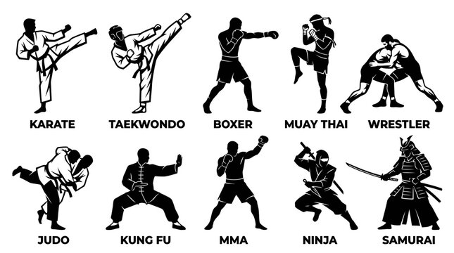 Martial Arts and Combat Sports Fighter Silhouette Set with Typography Labels