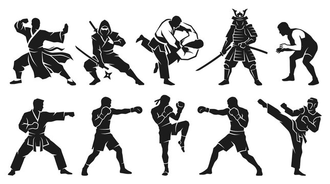 Mixed Martial Arts and Traditional Asian Warrior Silhouettes Vector Set