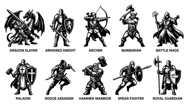 Medieval Fantasy RPG Classes Character Silhouette Set with Typography Labels