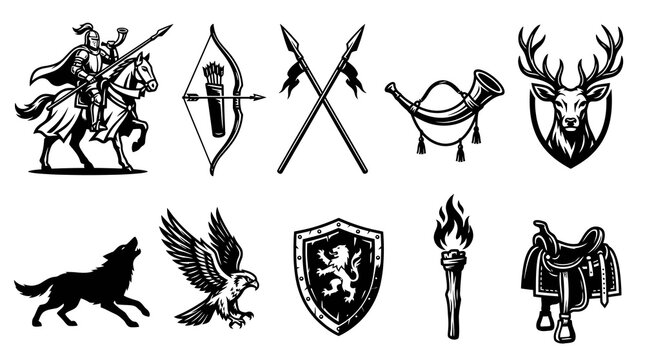 Medieval Heraldry and Kingdom Knight RPG Element Vector Silhouette Set