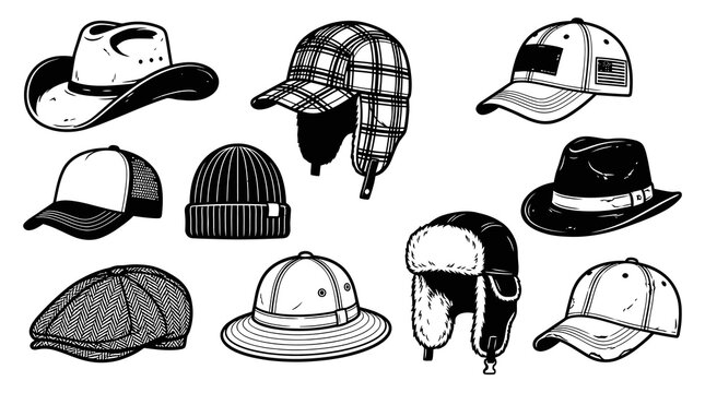 Men Classic and Casual Hats Collection Vector Silhouette Set