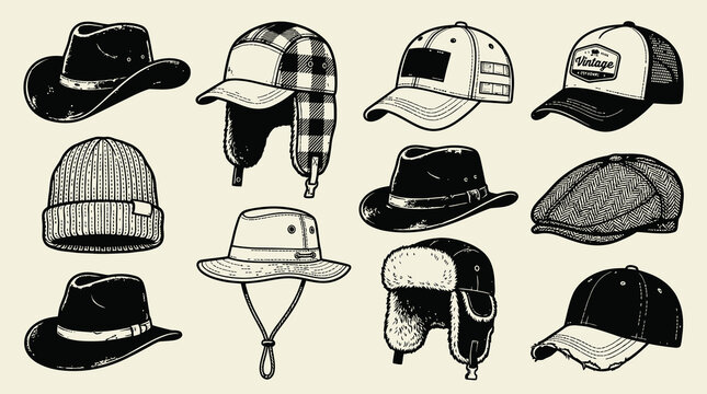Men Vintage and Modern Headwear Fashion Collection Vector Set