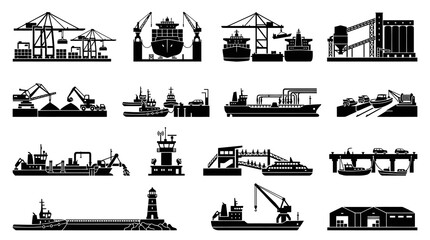 Obraz premium Port and Shipping Industry Glyph Icons Collection - Cargo, Logistics, Boats, Cranes Maritime Silhouettes
