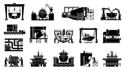 Obraz premium Shipbuilding Industry Icons: Shipyard, Crane, Boat, Engine, Construction, Glyph