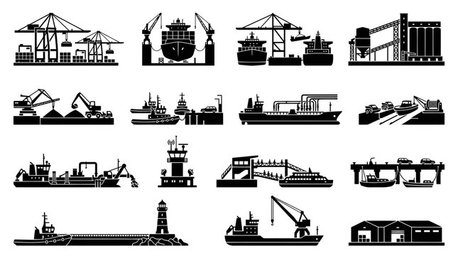 Port and Shipping Industry Glyph Icons Collection - Cargo, Logistics, Boats, Cranes  Maritime Silhouettes