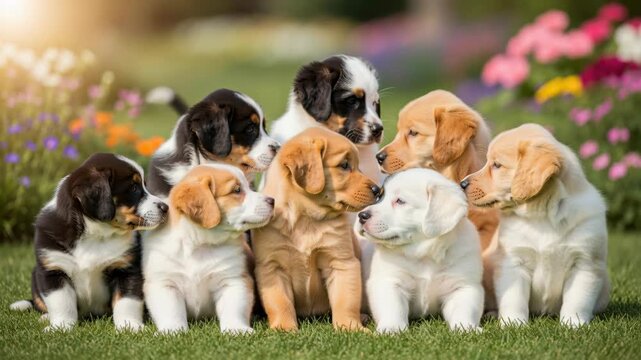 A litter of adorable puppies basking in sunshine. A diverse group of puppies sitting together on green grass, with colorful flowers in the background, enjoying a warm sunny day.