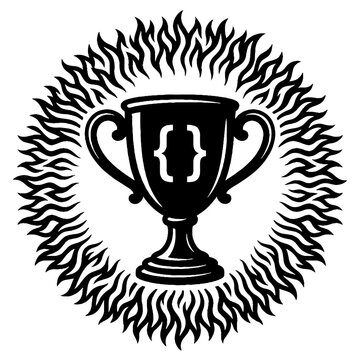 Black and white vector illustration of a trophy cup featuring curly bracket programming symbols surrounded by a circular flame pattern