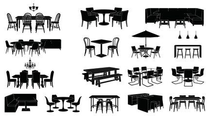 Obraz premium Home Furniture Silhouette Vector Icons Set: Dining Tables, Chairs, Sofas, Bar Stools, Outdoor Patio