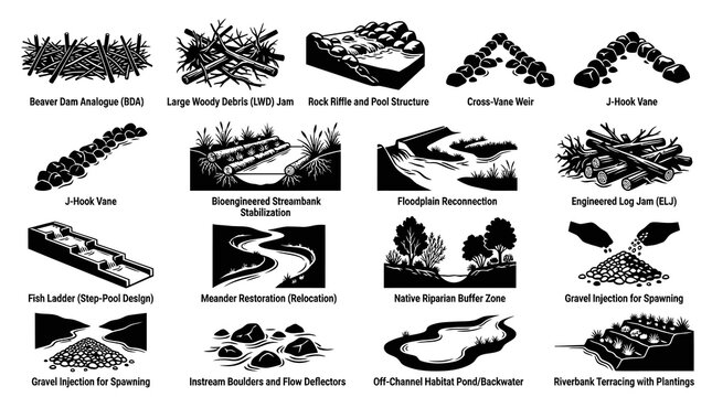 Environmental River Restoration  Aquatic Habitat Improvement Techniques Black and White Line Art Icons Set
