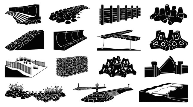 Water Management and Coastal Protection Engineering Silhouettes: Dikes, Seawalls, Breakwaters, and Erosion Control Icons
